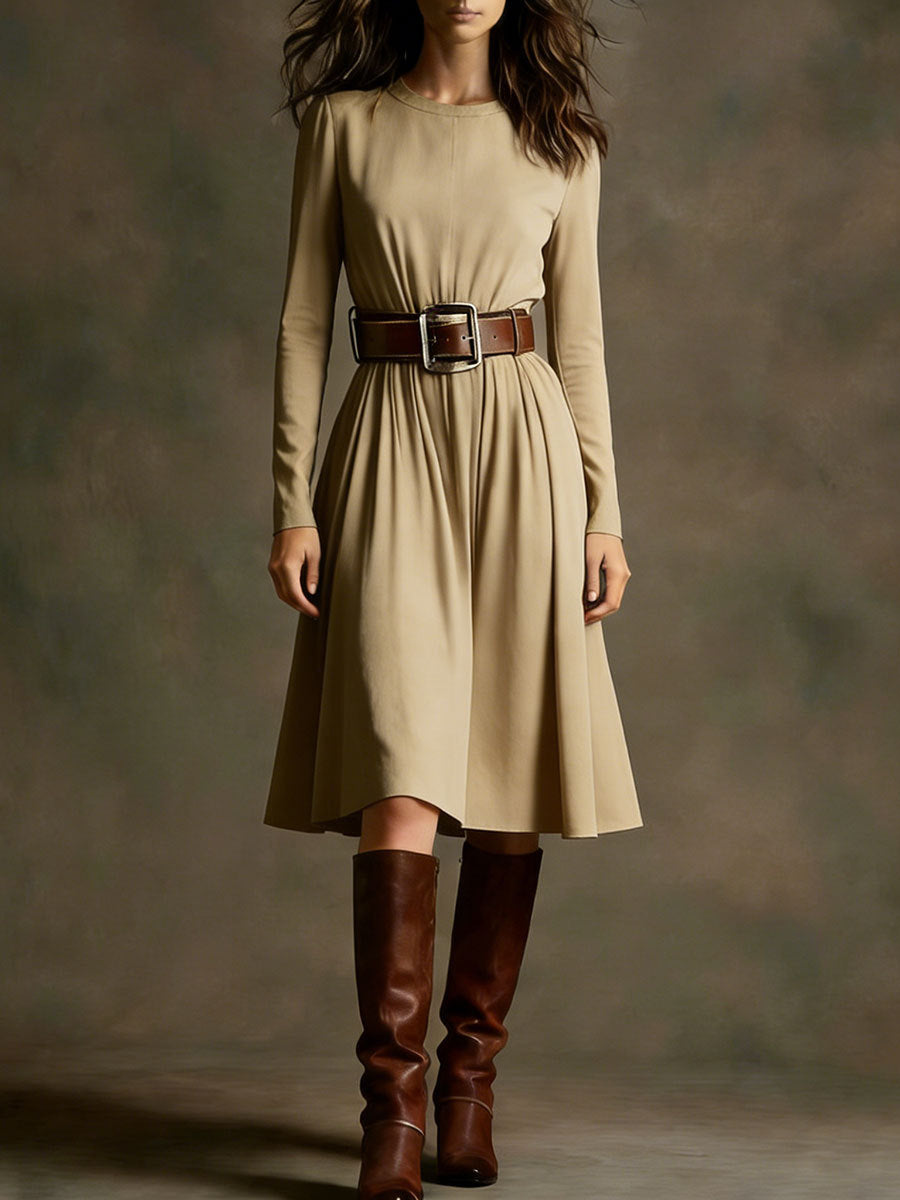 Damen Elegantes Kleid Langarm Taillengürtel Eveloria