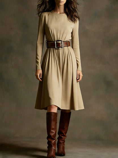 Damen Elegantes Kleid Langarm Taillengürtel Eveloria