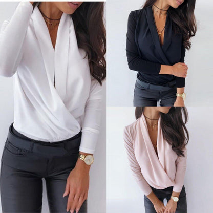 Damen Wickelbluse V-Ausschnitt Elegante Lange Ärmel Eveloria