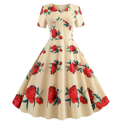 Damen Swingkleid Floralmuster V-Ausschnitt Eveloria