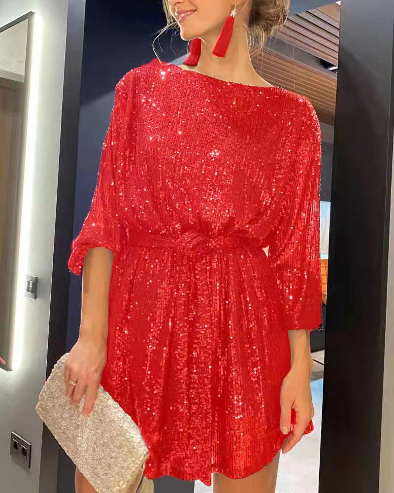 Damen Paillettenkleid Weit Elegant Tailliert Eveloria