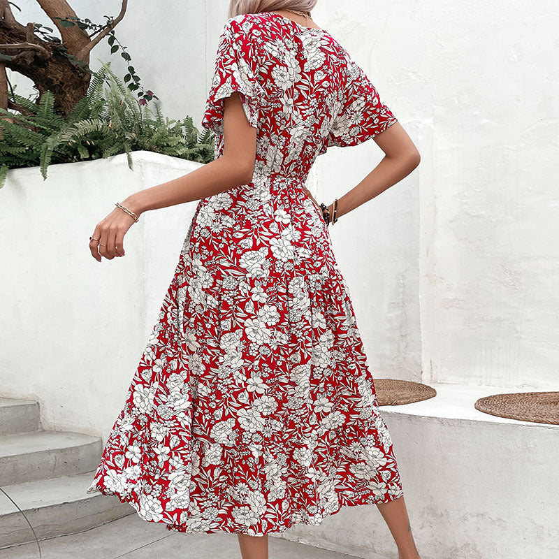 Damen Midikleid Floralprint V-Ausschnitt Locker