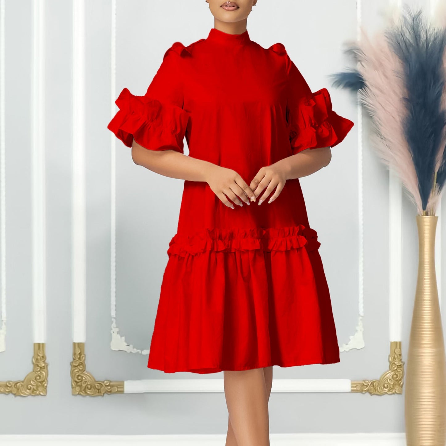 Damen Midikleid Voluminöse Rüschenärmel Stehkragen Elegant