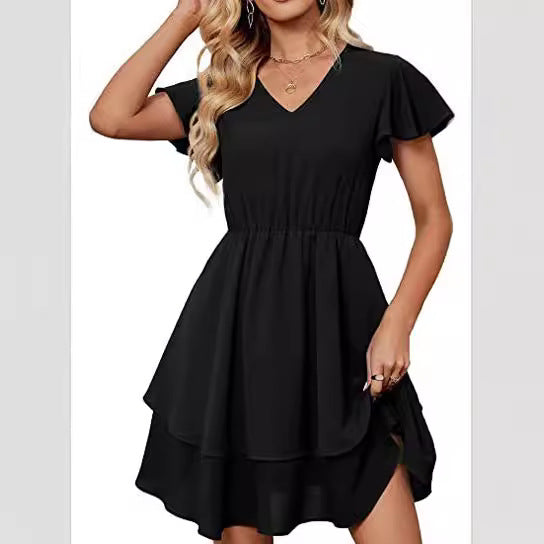 Damen Freizeitkleid Fließender Rock Rüschenärmel Eveloria - Eveloria