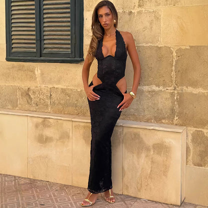 Damen Abendkleid Spitze Lang Ausschnitt