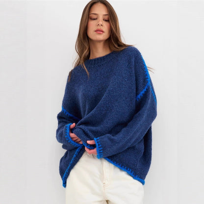 Damen Strickpullover Lässig Farbakzent Saum Eveloria