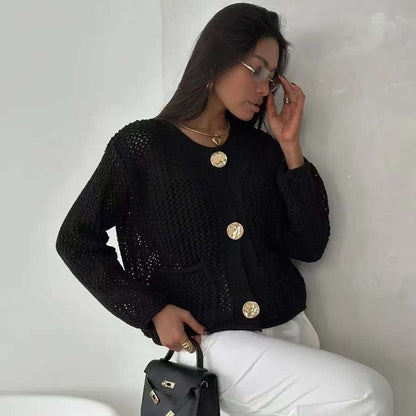 Damen Netzstrickjacke mit Taschen und Knöpfen Eveloria