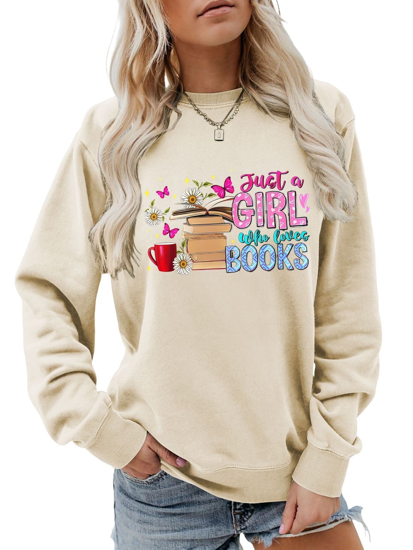 Damen Sweatshirt Buchmotiv Lässig Grau Eveloria