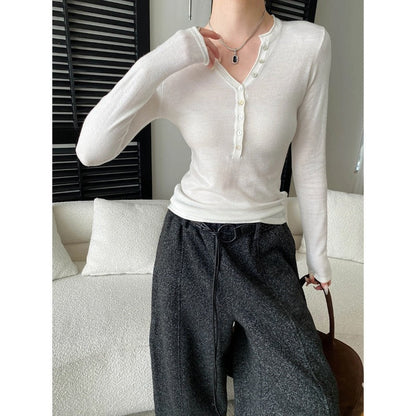 Damen Langarmshirt V-Ausschnitt Dekorative Knöpfe Eveloria