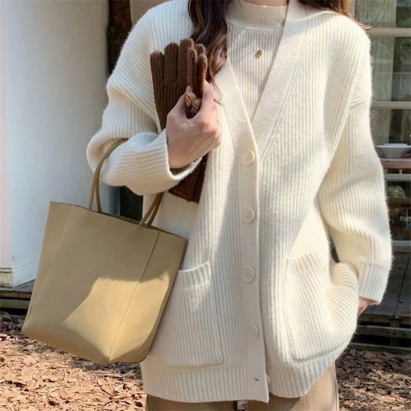 Damen Strickjacke V-Ausschnitt Kuschelig Mit Taschen Grau