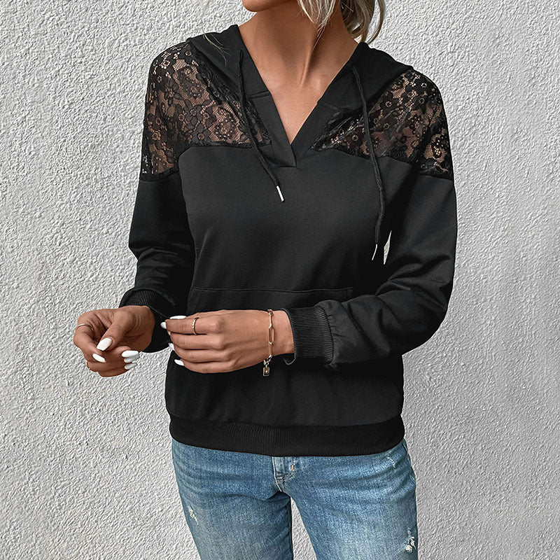 Damen Kapuzenpullover Spitze Lässig Schwarz Eveloria - Eveloria