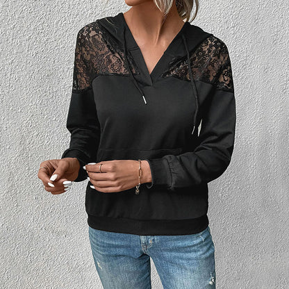 Damen Kapuzenpullover Spitze Lässig Schwarz Eveloria - Eveloria