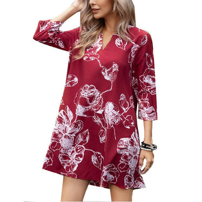 Damen Tunika-Kleid mit floralem Druck und 3/4-Ärmeln