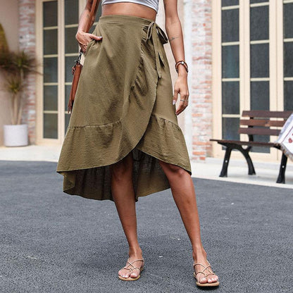 Damen Wickelrock Asymmetrisch Rüschen Eveloria