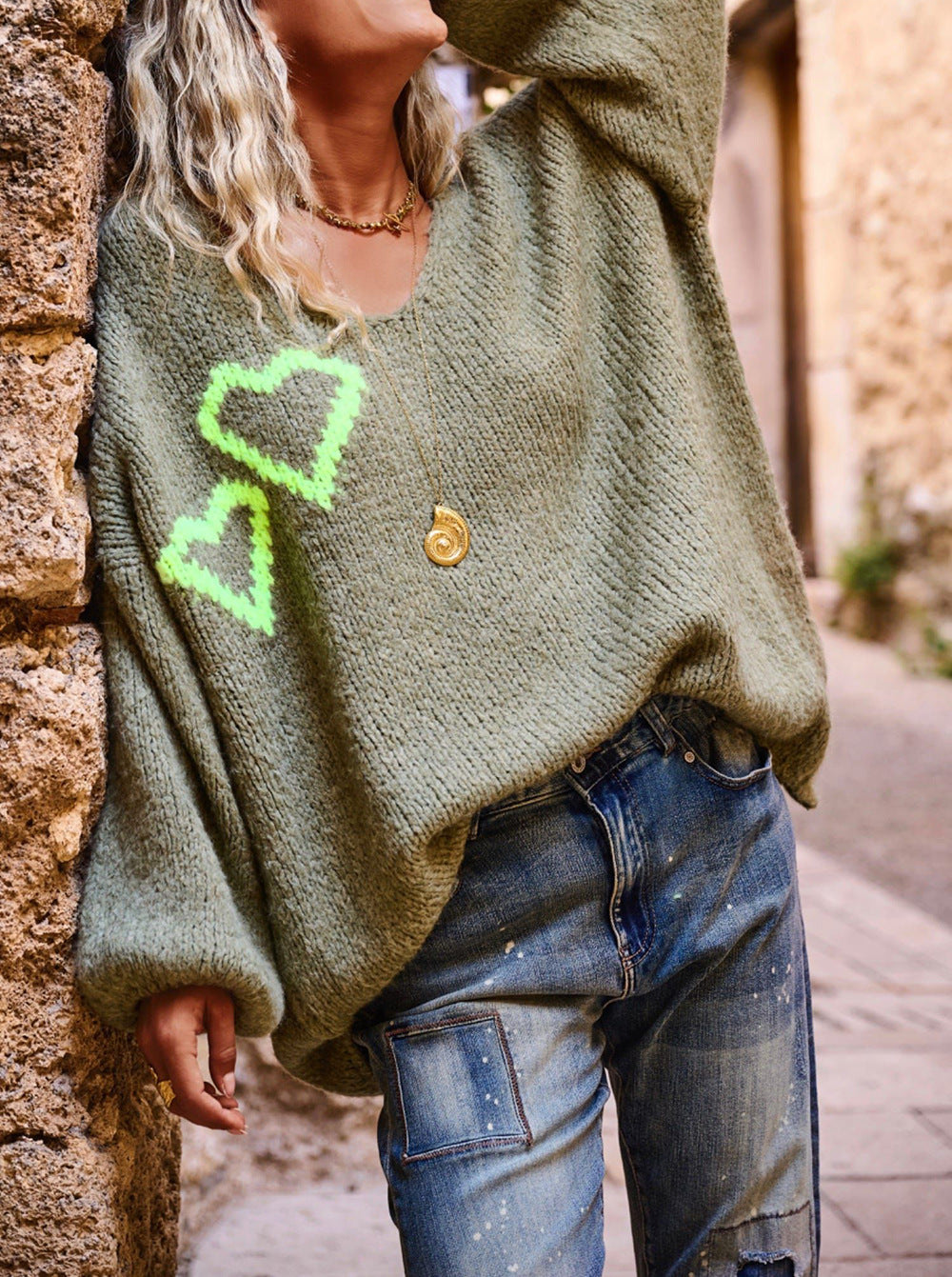Damen Strickpullover Oversize mit Herzapplikationen Beige