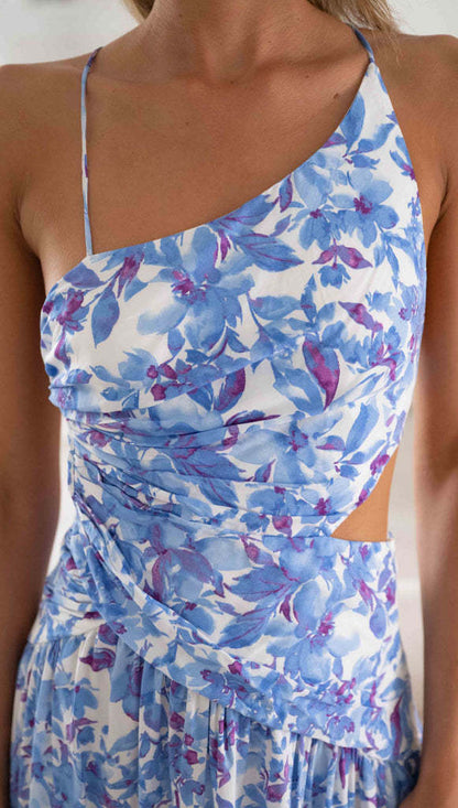 Damen Maxikleid Cut-Out Asymmetrischer Ausschnitt Fließend