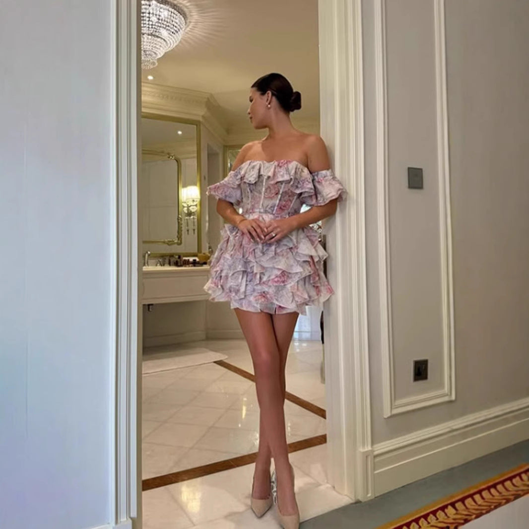 Damen Rüschenkleid Off-Shoulder mit Floralem Print und Elastischem