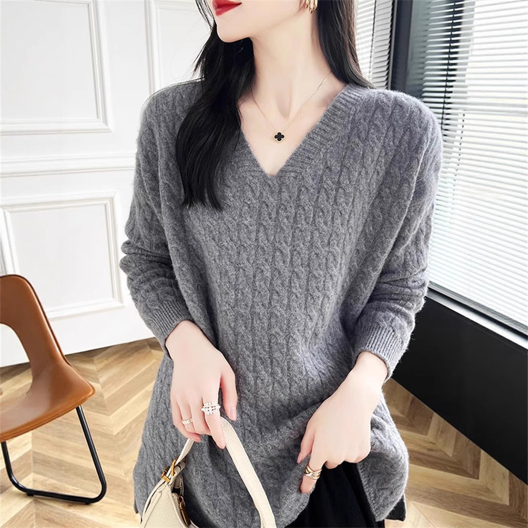 Damen Grobstrickpullover V-Ausschnitt Strukturierter Look Eveloria - Eveloria