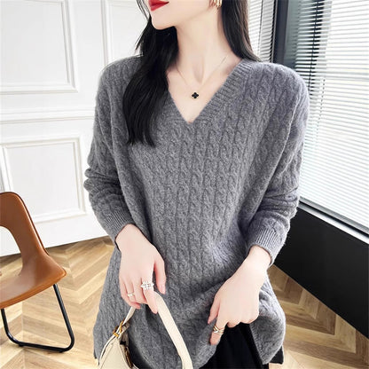 Damen Grobstrickpullover V-Ausschnitt Strukturierter Look Eveloria - Eveloria