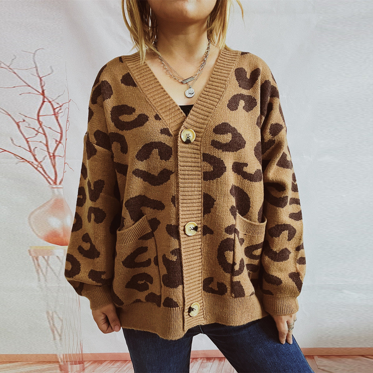 Damen Cardigan Lockere Ärmel Leo-Muster Eveloria - Eveloria