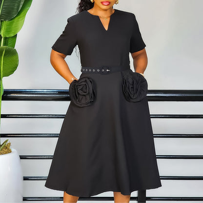 Damen Midi-Kleid Blumenapplikationen Taillengürtel Eveloria