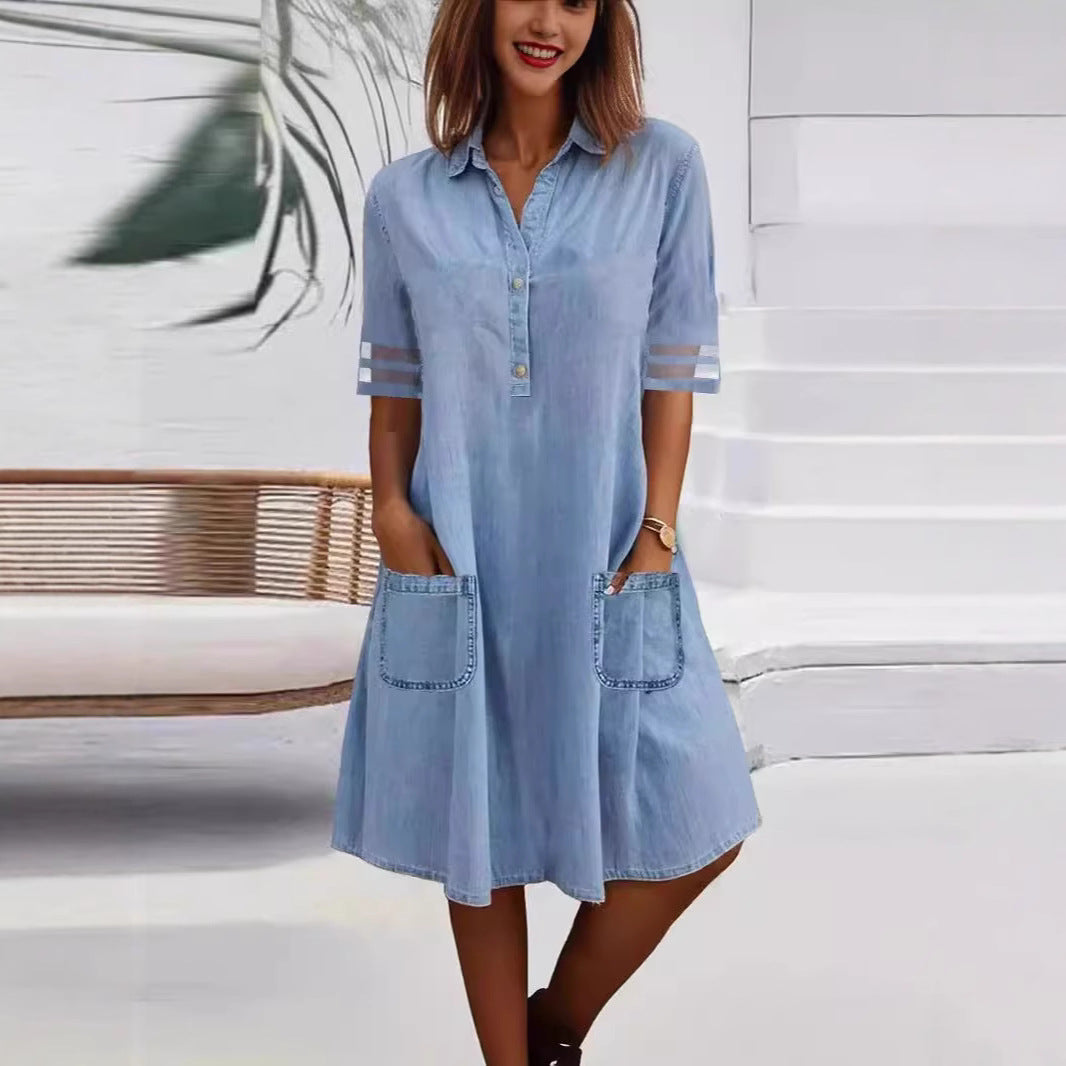 Damen Hemdblusenkleid mit Taschen Moderner Schnitt Eveloria