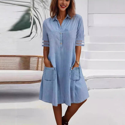 Damen Hemdblusenkleid mit Taschen Moderner Schnitt Eveloria