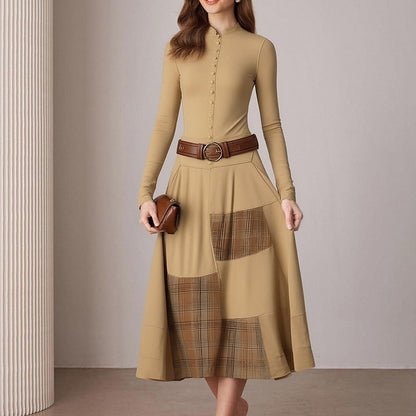 Damen Elegantes Midi-Kleid Knopfleiste Kontrastdetails