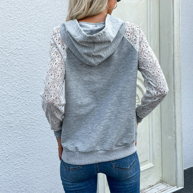 Damen Hoodie Spitzenärmel Kängurutasche
