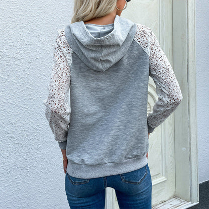 Damen Hoodie Spitzenärmel Kängurutasche