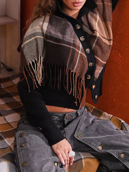 Damen Strickweste Karomuster Dekorativ Knöpfe Beige