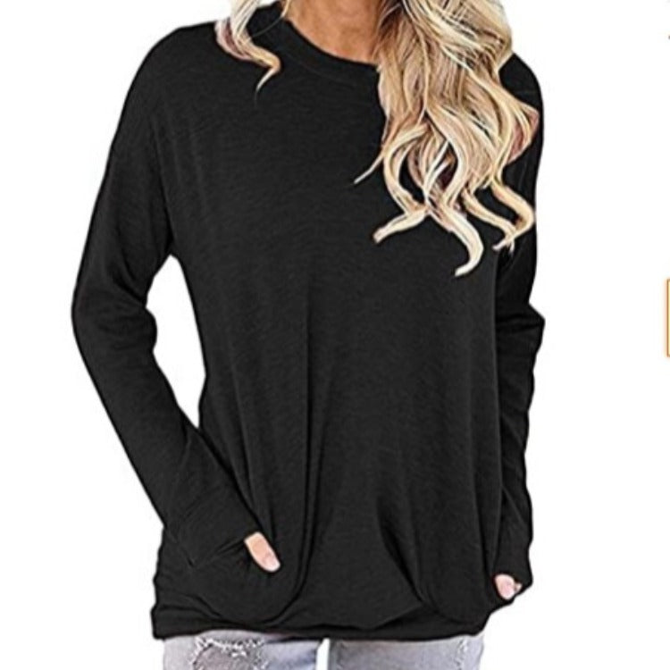 Damen Longsleeve Pullover mit Taschen Rundhals Schwarz Eveloria - Eveloria