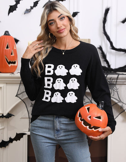 Damen Halloween Pullover Gestrickt Geistermotiv Weite Passform
