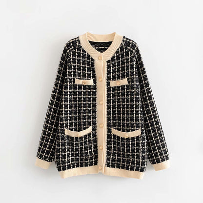 Damen Strickjacke Karomuster Dekorative Knöpfe