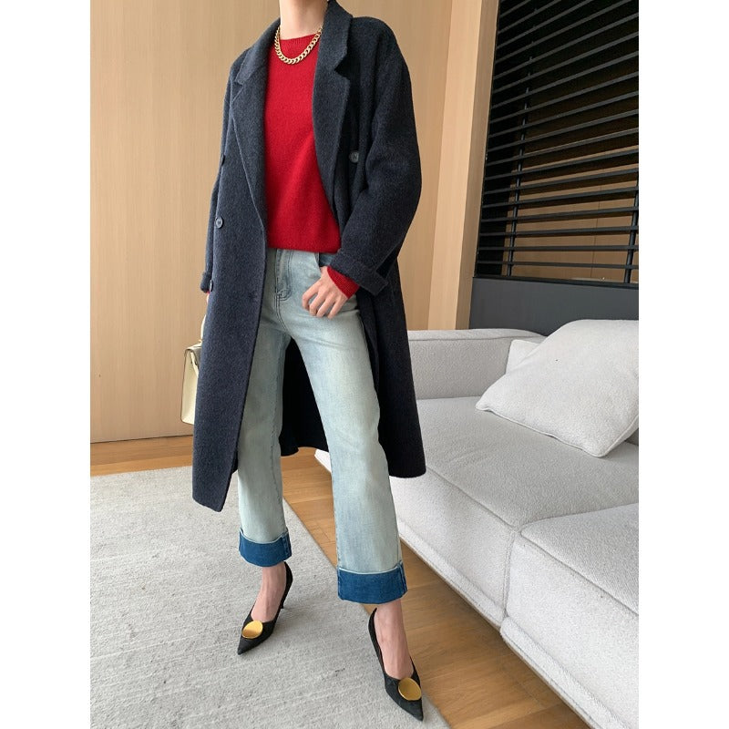 Damen High-Waist Jeans Vintage-Look Umgeschlagener Saum Dunkelblau