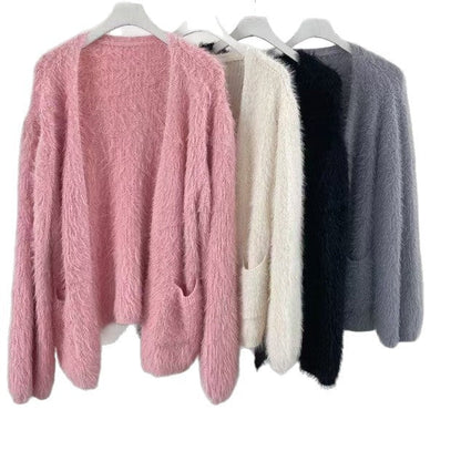 Damen Flauschstrickjacke Offene Front Praktische Taschen Grau