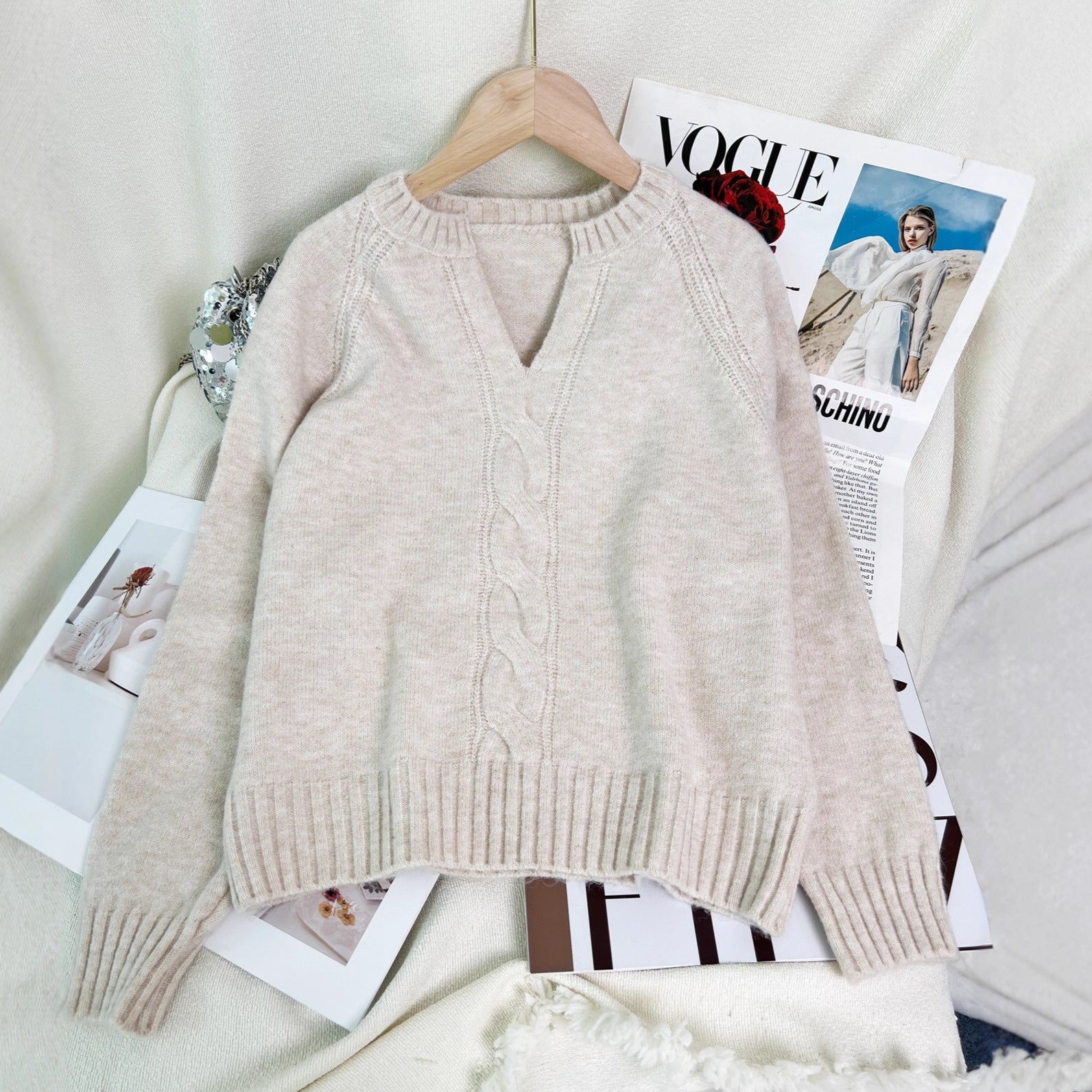 Damen Strickpullover V-Ausschnitt Zopfmuster - Eveloria