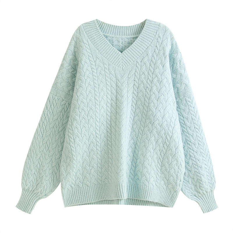 Damen Grobstrickpullover V-Ausschnitt Voluminöse Ärmel Eveloria