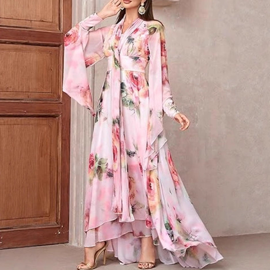 Damen Maxikleid Florales Design Volants Elegantes Langkleid