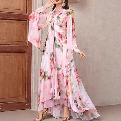 Damen Maxikleid Florales Design Volants Elegantes Langkleid