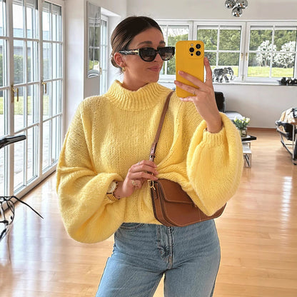 Damen Oversized Strickpullover Hoher Kragen Ballonärmel Eveloria