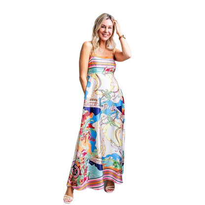 Damen Maxikleid Bunt Druck Spaghettiträger Eveloria