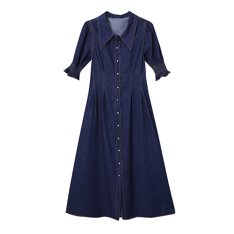 Damen Midikleid Denim Voluminöse Ärmel