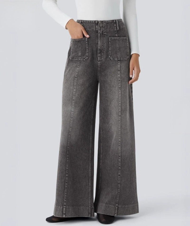 Damen Weite Jeanshose Hohe Taschen Eveloria
