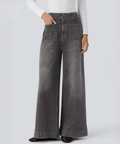 Damen Weite Jeanshose Hohe Taschen Eveloria