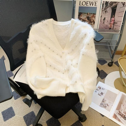 Damen Flauschcardigan mit Perlen Eveloria