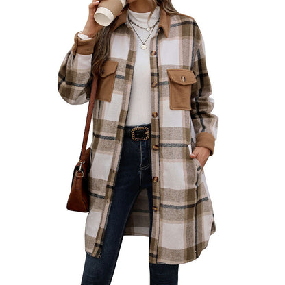 Damen Karierte Langarmjacke Baumwolle Moderner Schnitt weiß