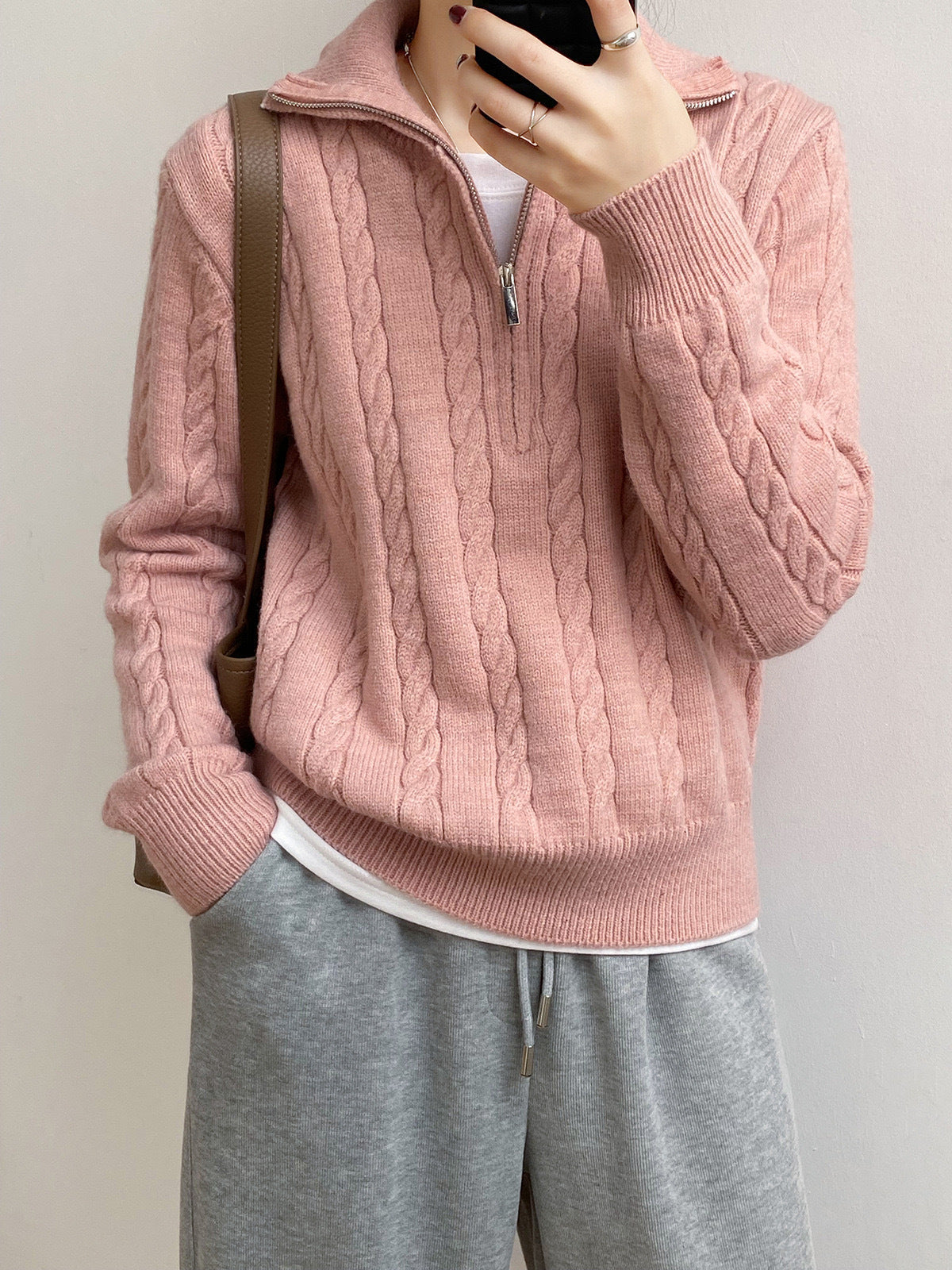 Damen Grobstrickpullover Hochkragen Zopfmuster