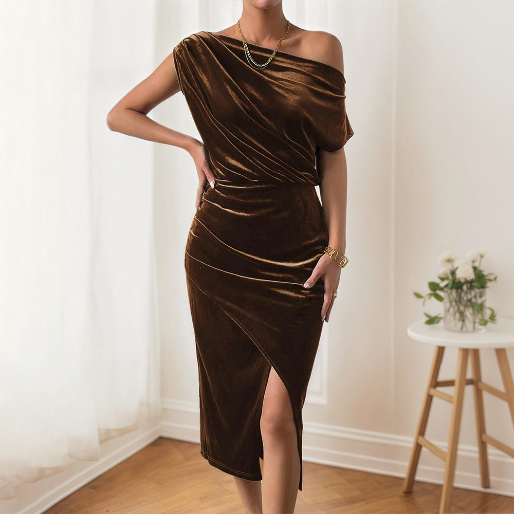 Damen Maxikleid Schulterfrei Samt Eveloria