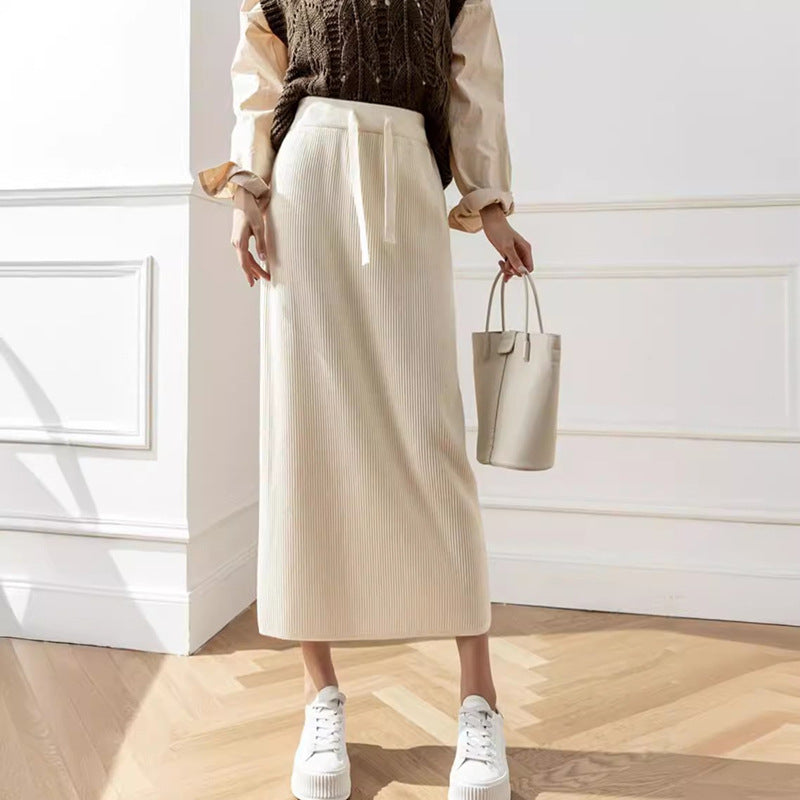 Damen Midi-Rock Elastischer Bund Taillierender Bindegürtel